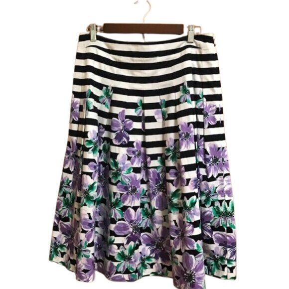 Talbots Women's Navy Striped Purple Floral Midi A-Line Pleated Skirt Size 10 - Picture 3 of 7